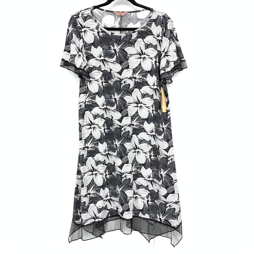 SJS Womens Tunic Dress L Black White Abstract Floral Sharkbite Hem